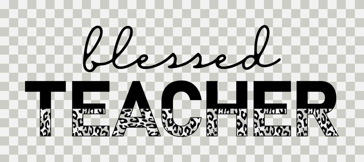 Blessed TEACHER Typography Design with black cursive text 'blessed', bold uppercase text 'TEACHER' and leopard print pattern filling bottom half of 'TEACHER' letters in white transparency and detail preview thumbnail