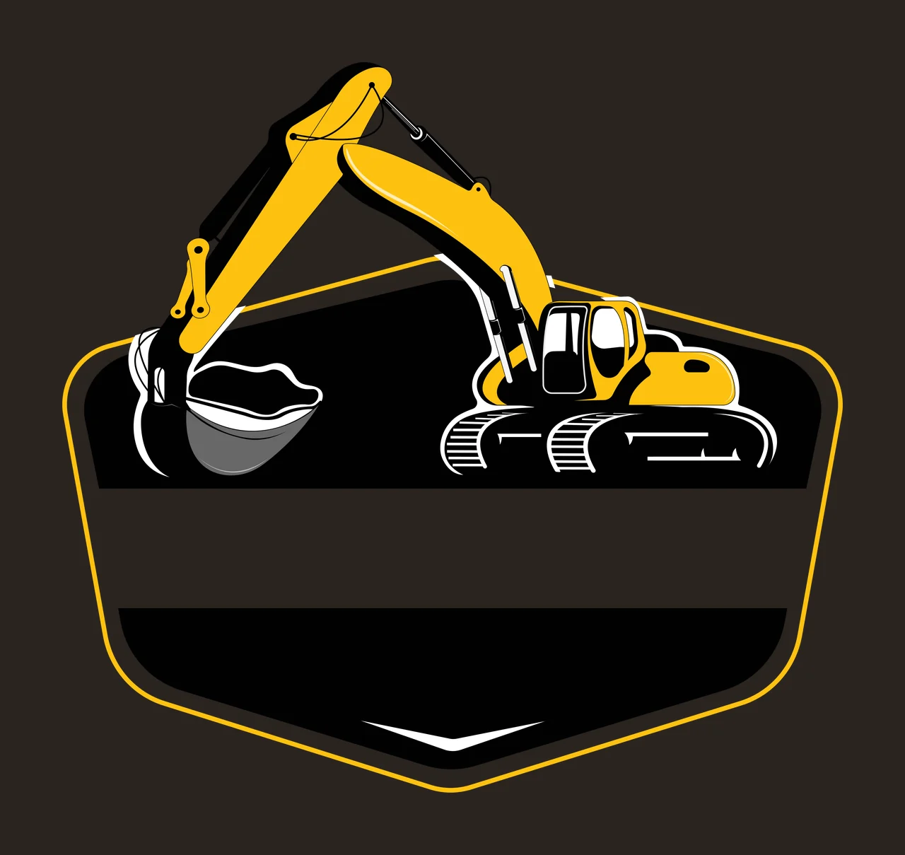 Excavator logo design with yellow excavator, black shield-shaped background, white horizontal banner and yellow outline contrast preview thumbnail