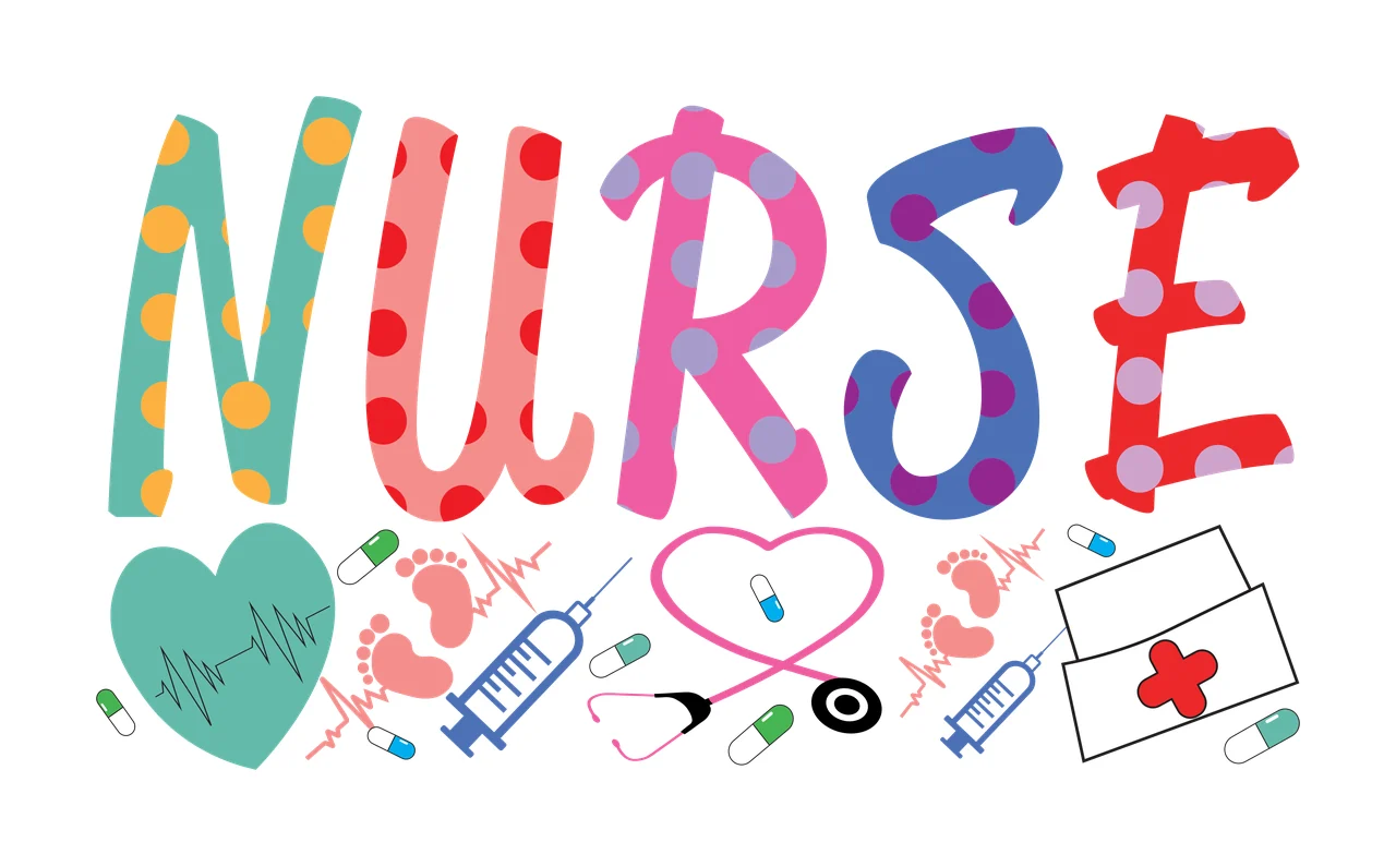 NURSE Typography Design with NURSE letters with polka dots, teal heart with ECG line, pink footprints and blue syringe