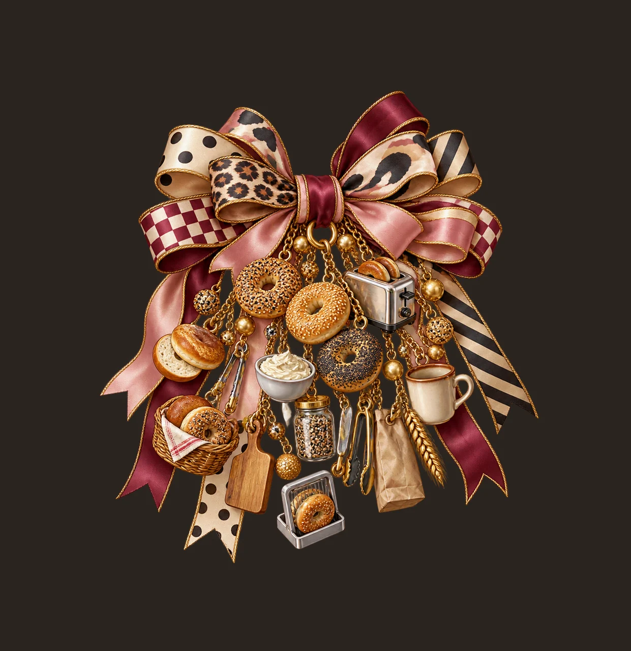 Bagel Lover Bow Charm PNG, Themed Gold Chain Charms, Coquette Ribbon Sublimation Design, Transparent Digital Download contrast preview thumbnail