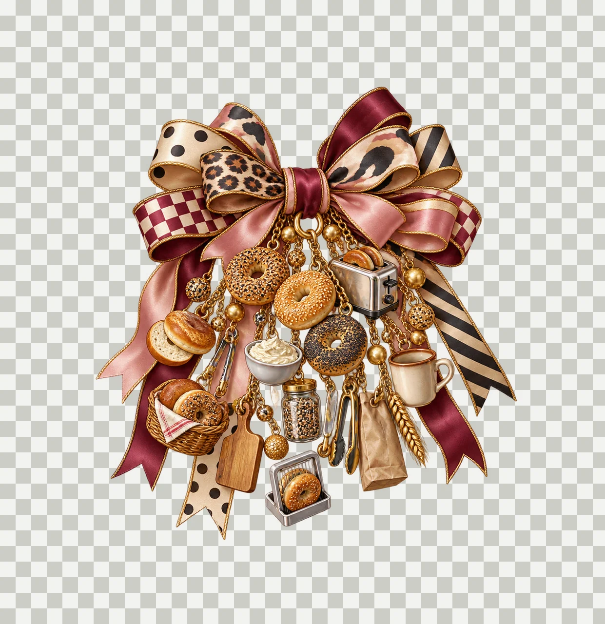 Bagel Lover Bow Charm PNG, Themed Gold Chain Charms, Coquette Ribbon Sublimation Design, Transparent Digital Download transparency and detail preview thumbnail
