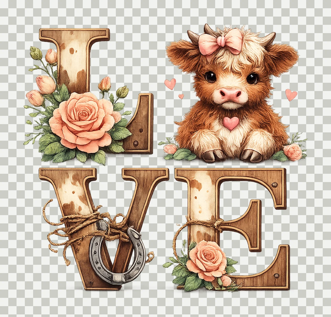 Valentines Day Highland Cow Cute Love Artwork Watercolor Cow transparency and detail preview thumbnail