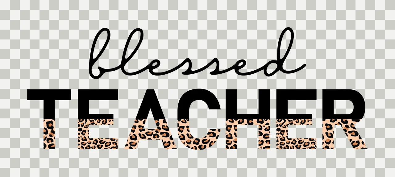 Blessed TEACHER Typography Design with black cursive text 'blessed', black bold uppercase text 'TEACHER', leopard print pattern filling the bottom half of each letter in 'TEACHER' and white background transparency and detail preview thumbnail