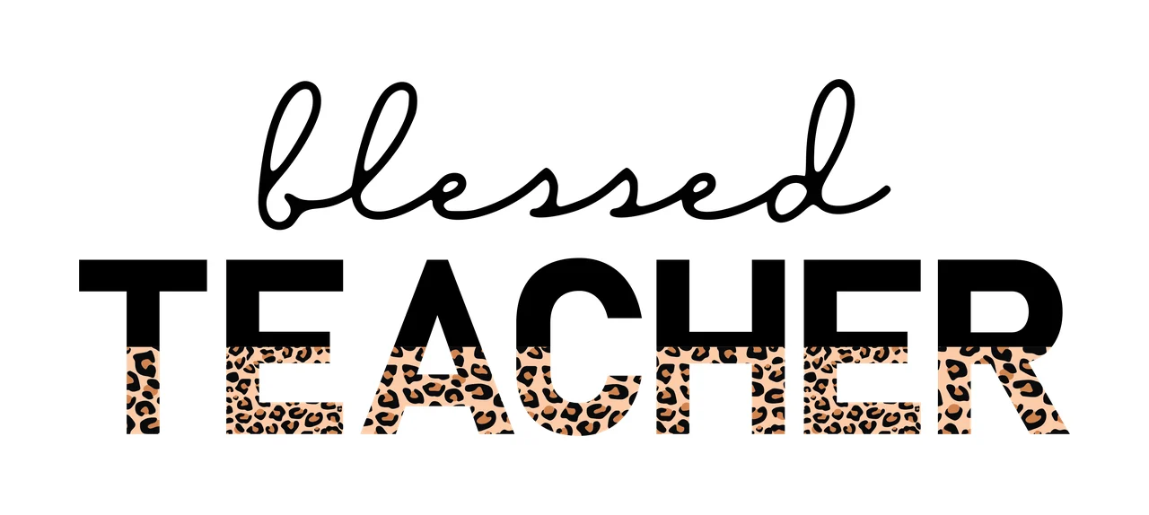 Blessed TEACHER Typography Design with black cursive text 'blessed', black bold uppercase text 'TEACHER', leopard print pattern filling the bottom half of each letter in 'TEACHER' and white background