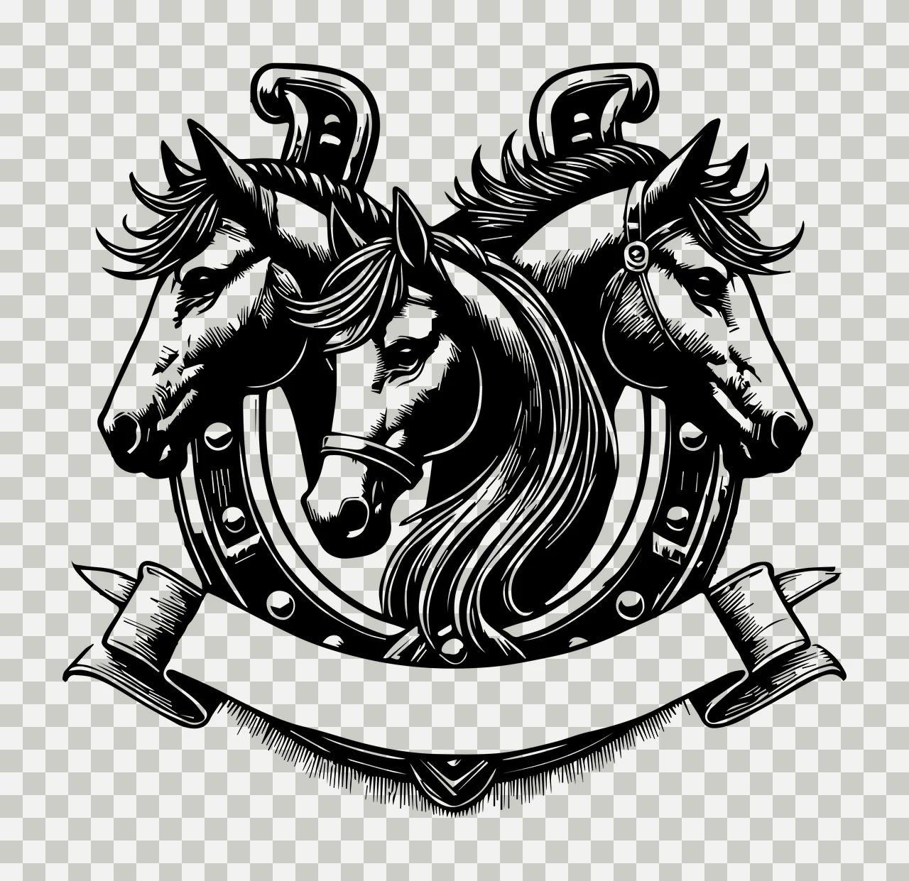 Horse Three Horses Horseshoe Ribbon Emblem Framing heraldic transparency and detail preview thumbnail