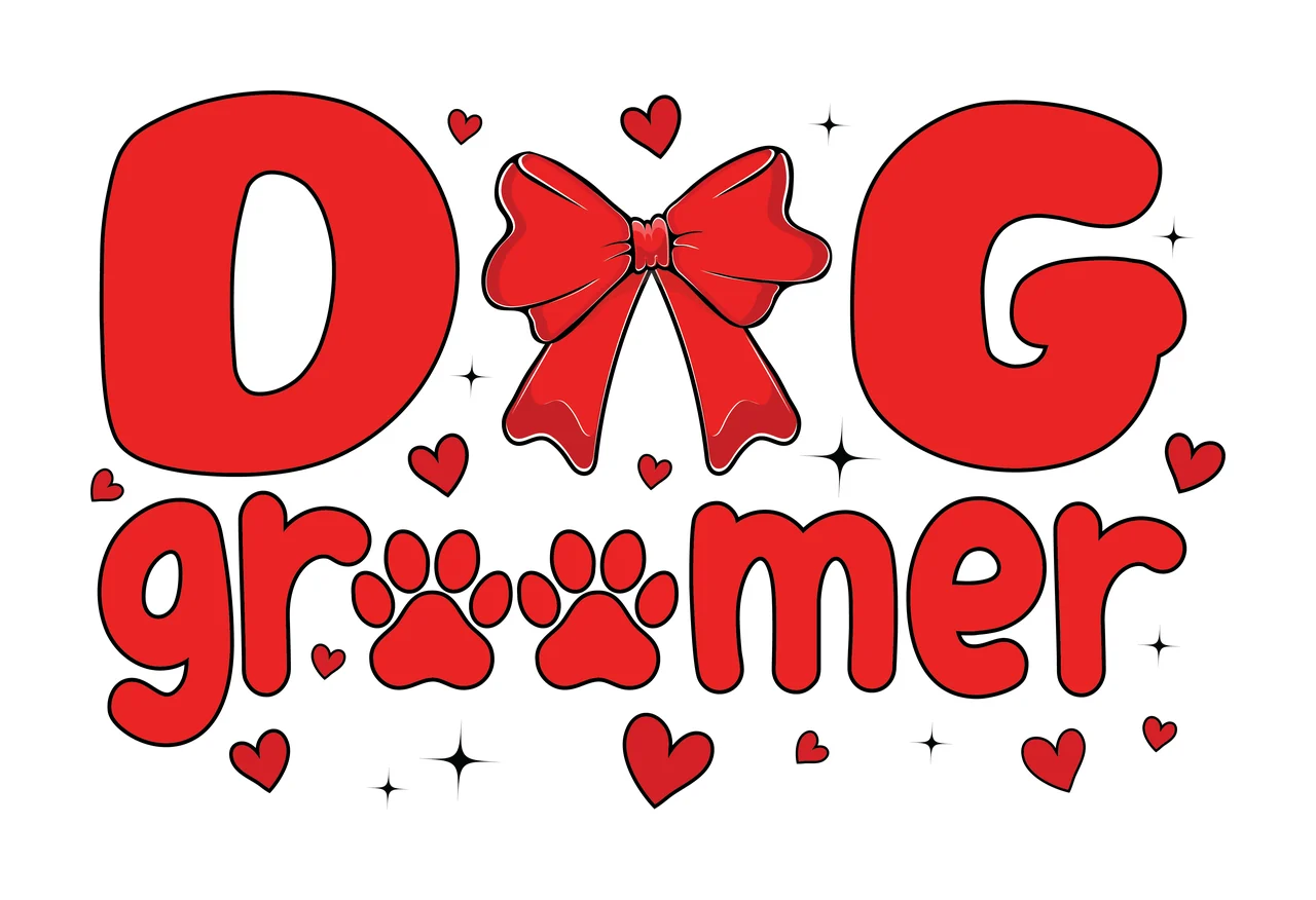 Dog Bow Dog Groomer Black Text Reading displaying paw print