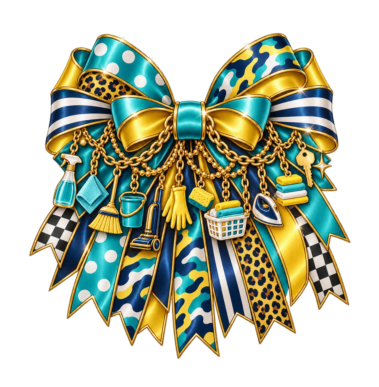 Housekeeper Bow Charm PNG, Gold Chain Charms, Transparent Sublimation Design, Digital Download
