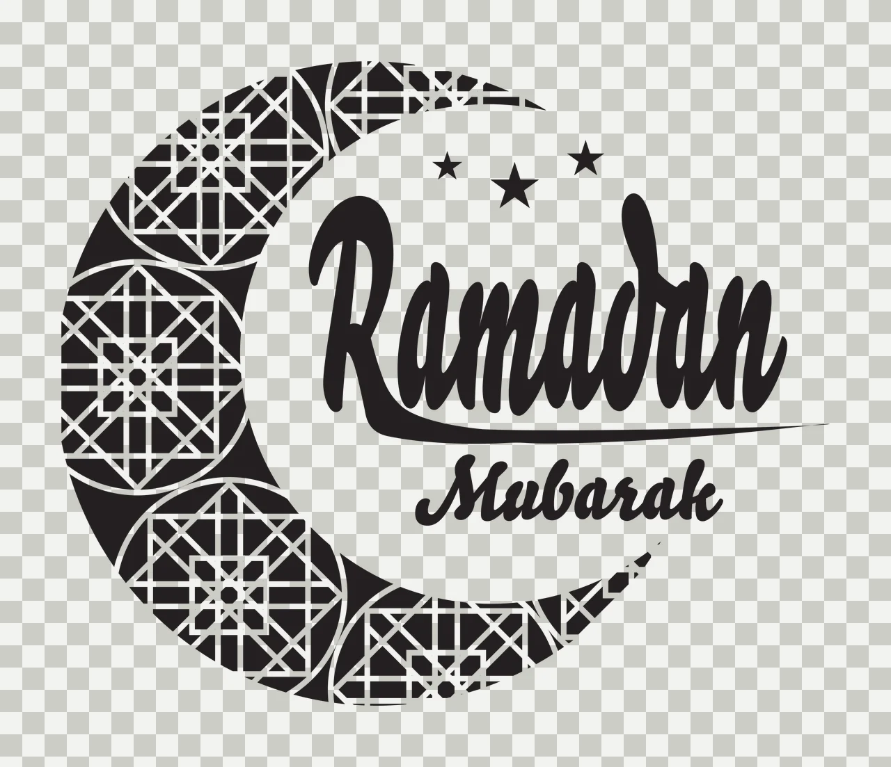 Ramadan Mubarak Ramadan Mubarak greeting logo Design with black crescent moon, white geometric Islamic patterns, three stars and text 'Ramadan Mubarak' transparency and detail preview thumbnail