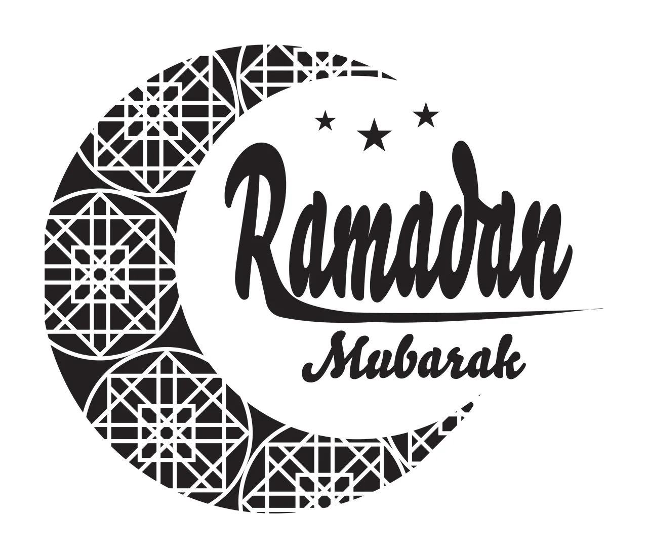 Ramadan Mubarak Ramadan Mubarak greeting logo Design with black crescent moon, white geometric Islamic patterns, three stars and text 'Ramadan Mubarak'