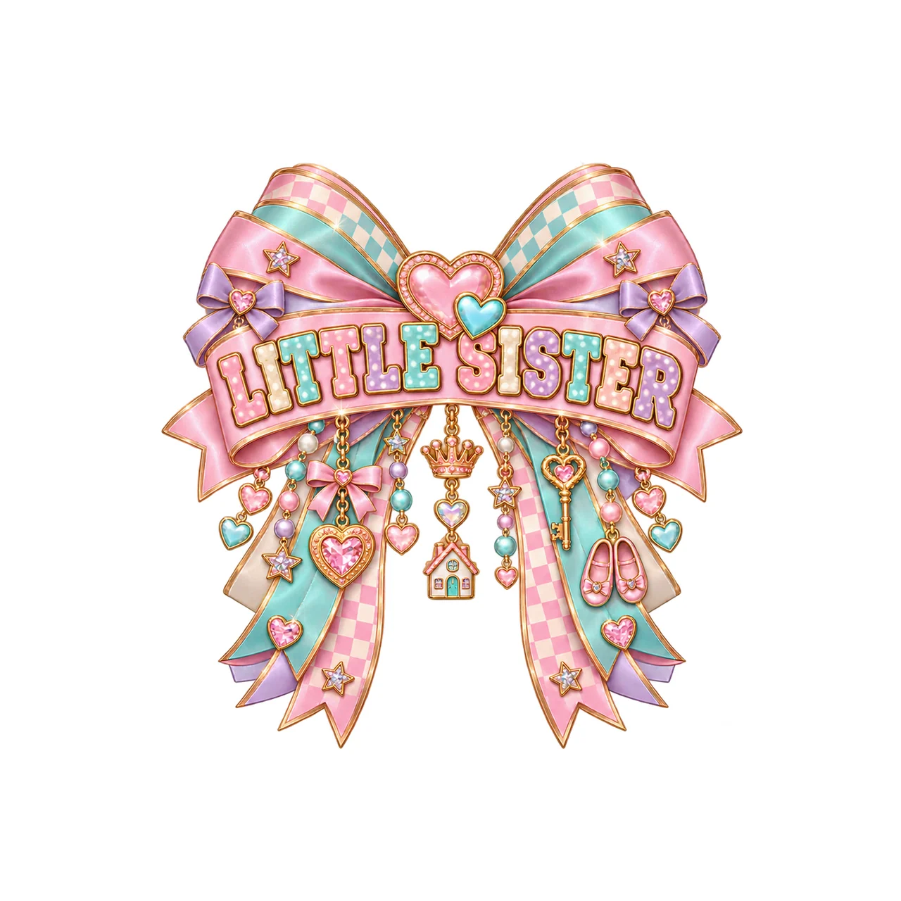 Little Sister Bow Charm PNG, Patterned Coquette Bow Clipart, Transparent Sublimation Digital Download