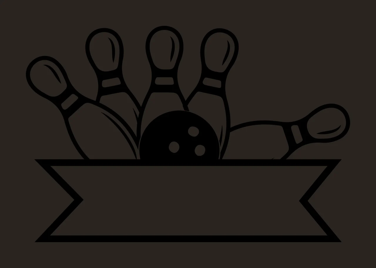 Bowling Pins and Ball Positioned Behind an Empty Decorative Ribbon Banner, Black and White Line Art Sports Equipment Icon contrast preview thumbnail