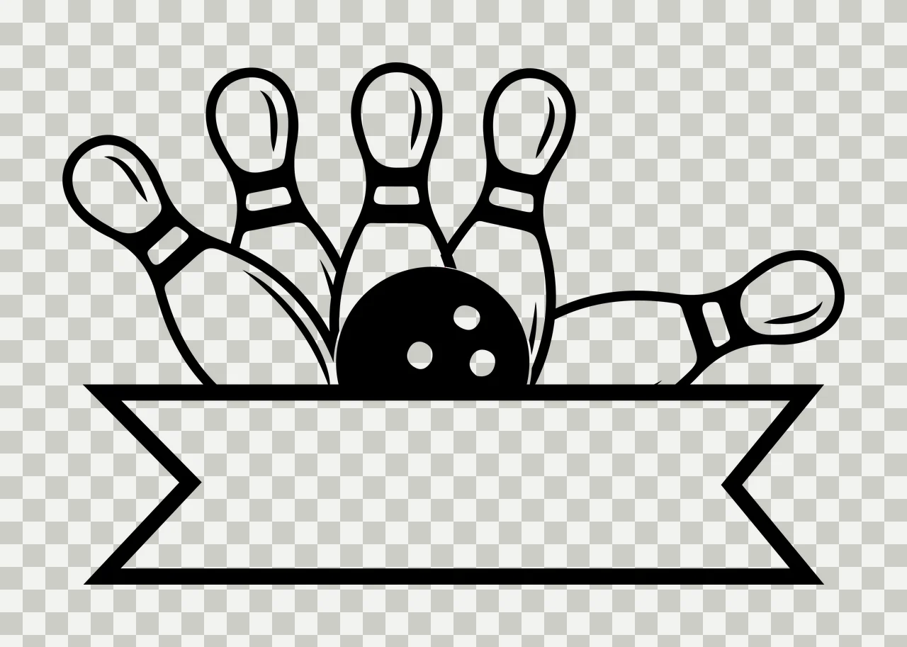 Bowling Pins and Ball Positioned Behind an Empty Decorative Ribbon Banner, Black and White Line Art Sports Equipment Icon transparency and detail preview thumbnail