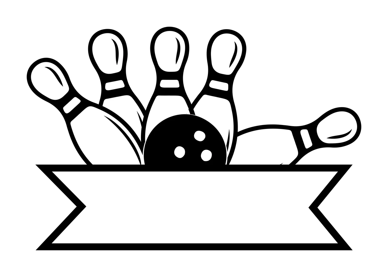 Bowling Pins and Ball Positioned Behind an Empty Decorative Ribbon Banner, Black and White Line Art Sports Equipment Icon