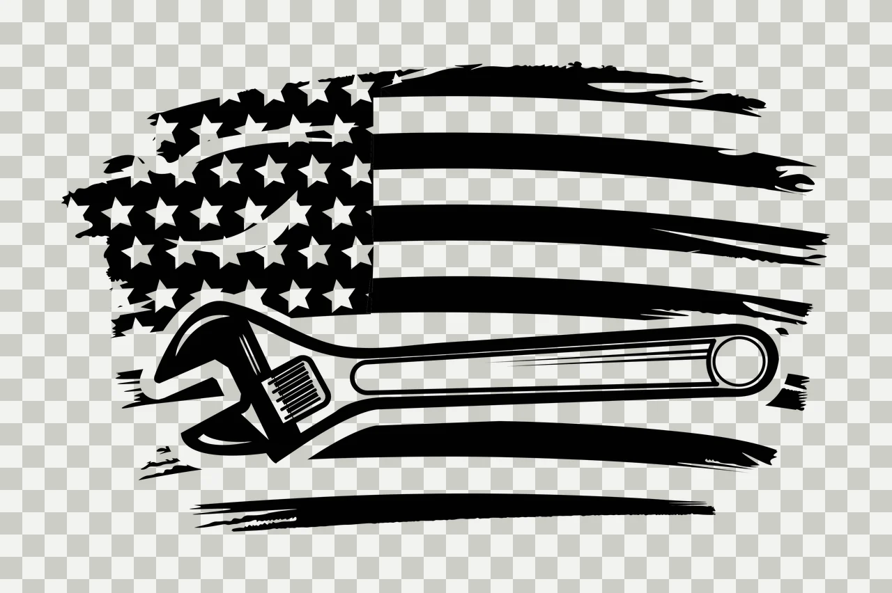 Wrench Over Distressed American Flag Graphic black white tool transparency and detail preview thumbnail