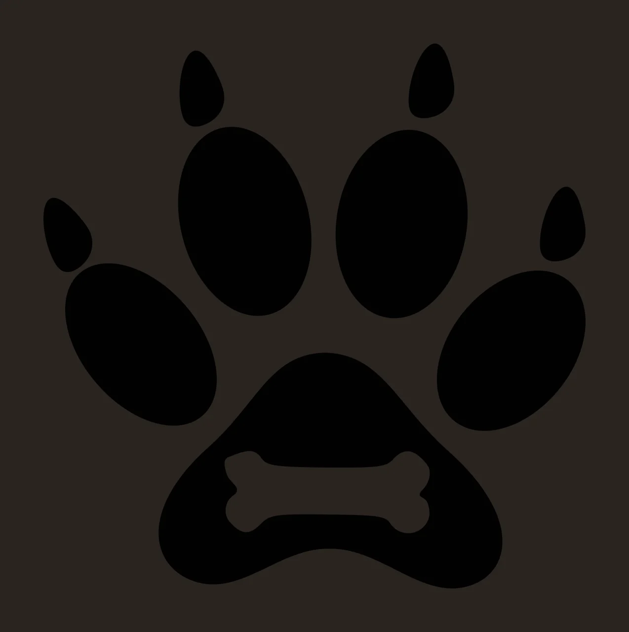 Silhouette Design of Paw print design with bone icon with black paw print, white bone, five oval pads and four toe pads contrast preview thumbnail