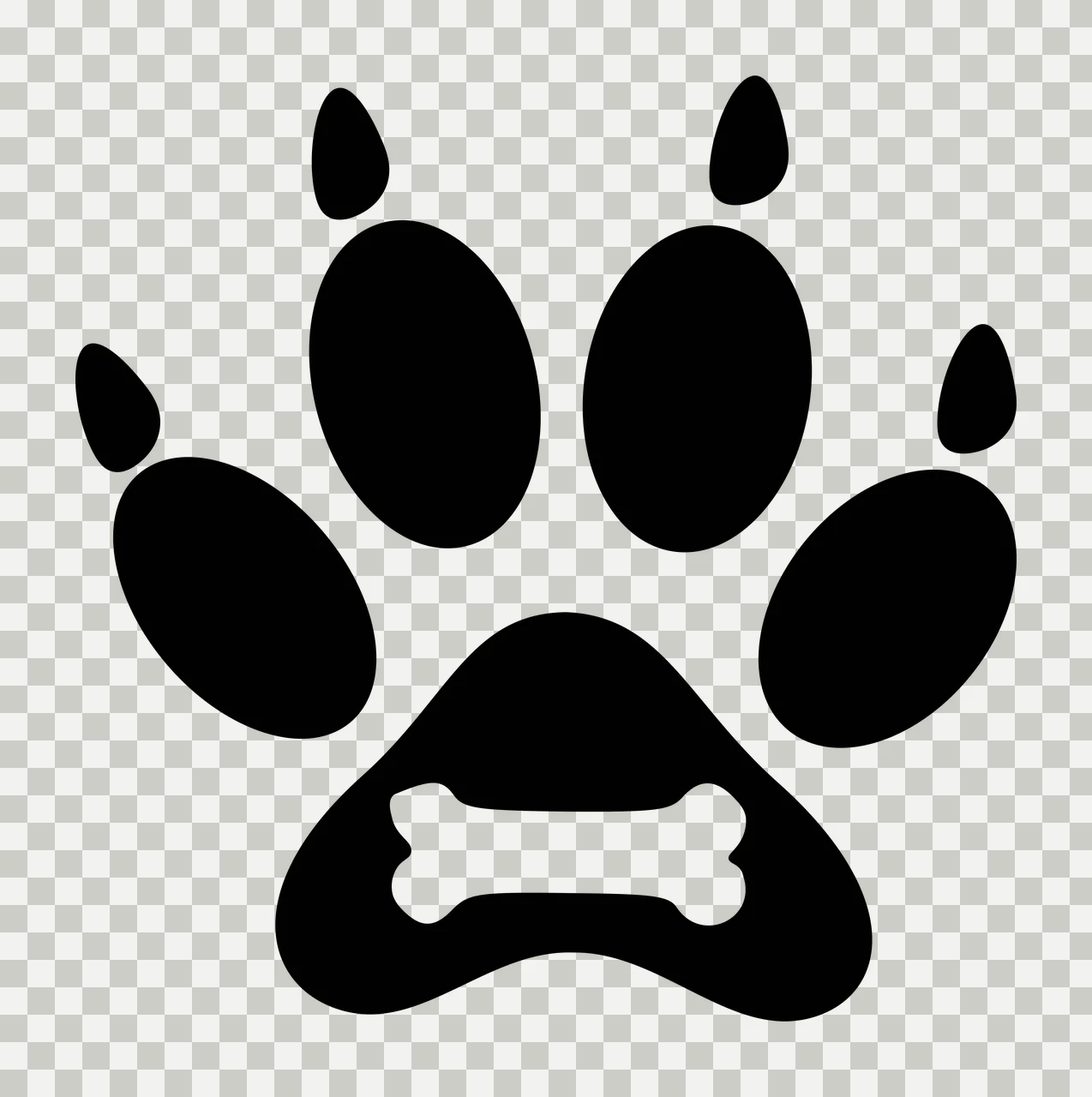 Silhouette Design of Paw print design with bone icon with black paw print, white bone, five oval pads and four toe pads transparency and detail preview thumbnail