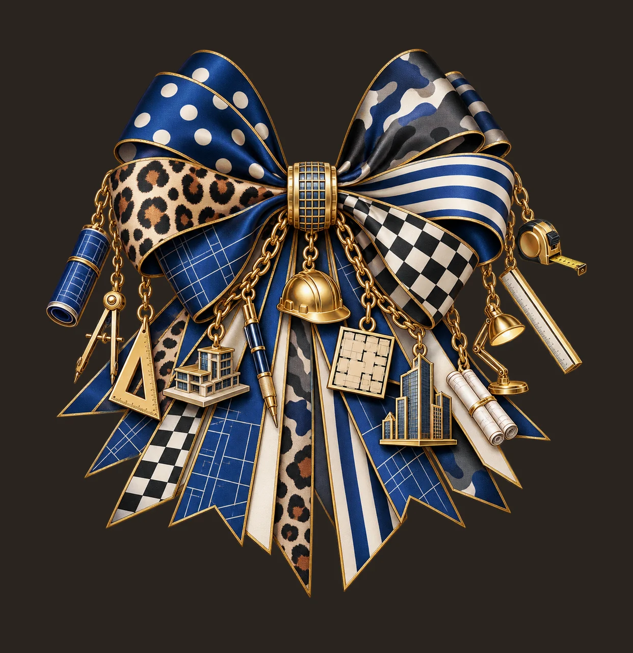 Architect Bow Charm PNG, Themed Gold Chain Charms, Coquette Ribbon Sublimation Design, Transparent Digital Download contrast preview thumbnail