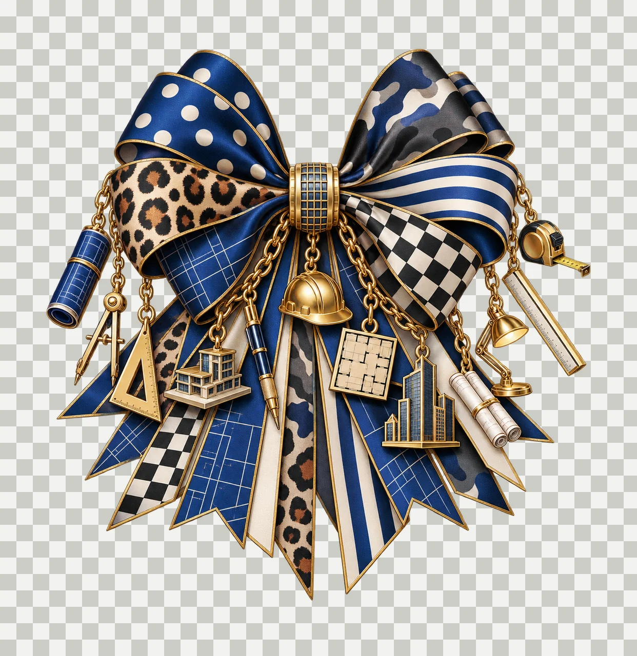 Architect Bow Charm PNG, Themed Gold Chain Charms, Coquette Ribbon Sublimation Design, Transparent Digital Download transparency and detail preview thumbnail