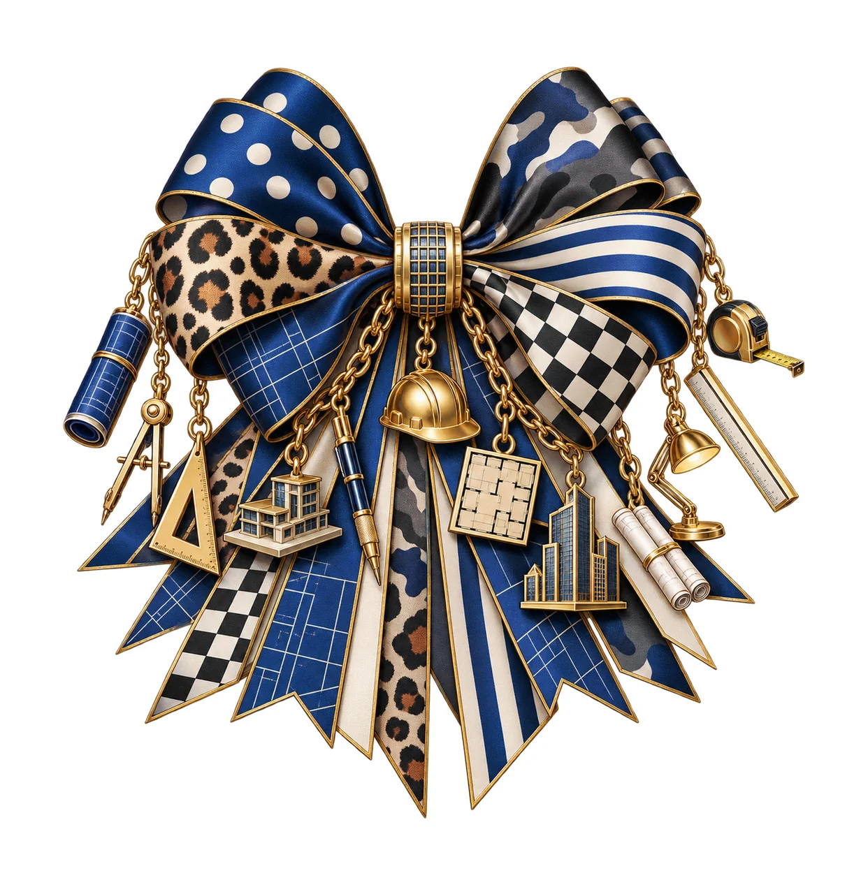 Architect Bow Charm PNG, Themed Gold Chain Charms, Coquette Ribbon Sublimation Design, Transparent Digital Download