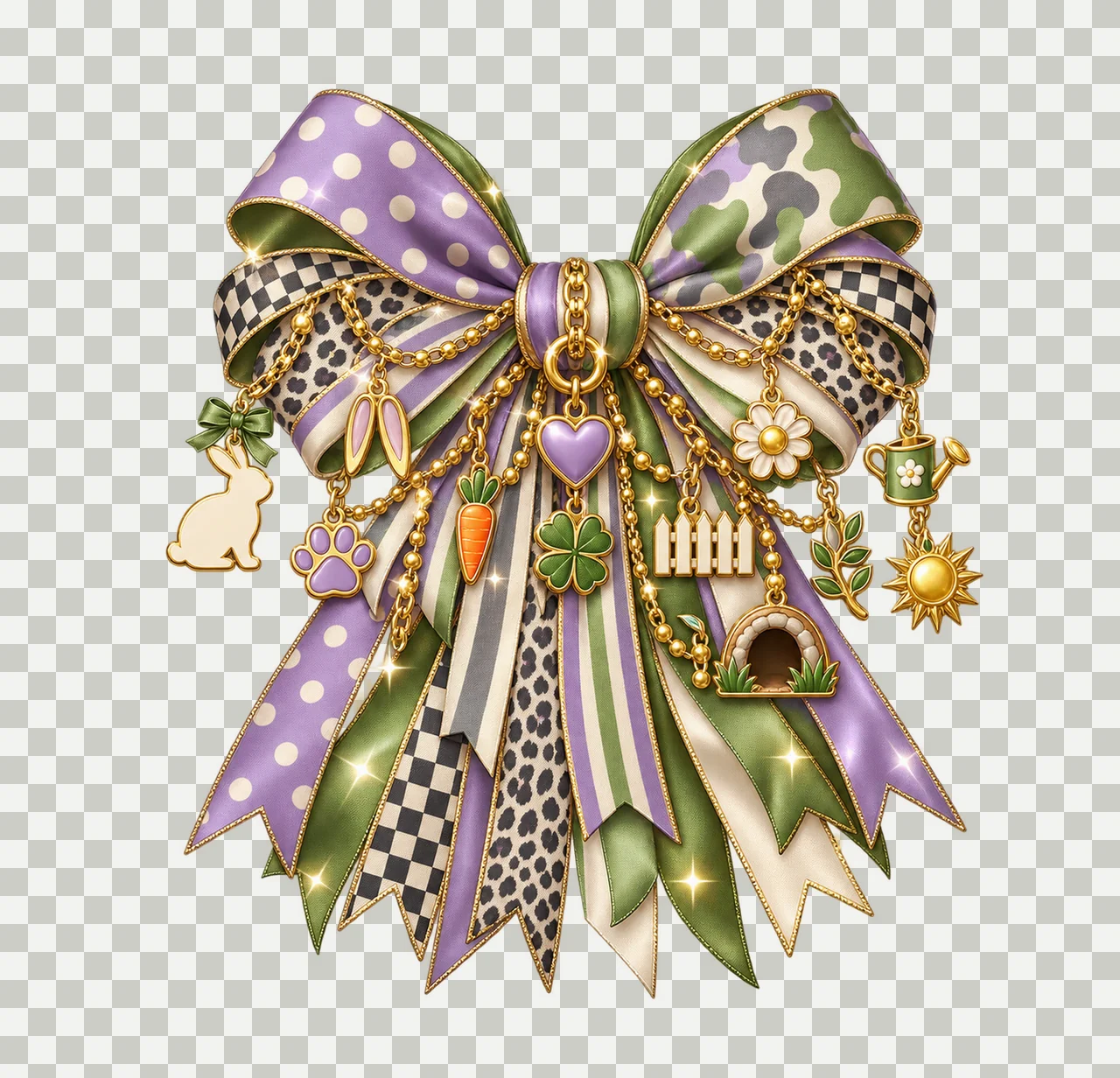 Rabbit Lover Bow Charm PNG, Themed Gold Chain Charms, Coquette Ribbon Sublimation Design, Transparent Digital Download transparency and detail preview thumbnail