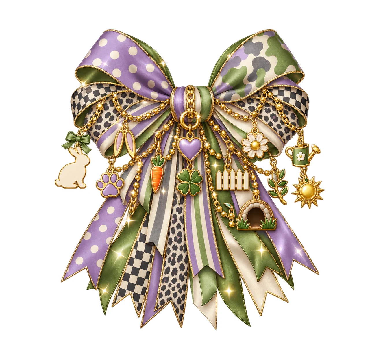 Rabbit Lover Bow Charm PNG, Themed Gold Chain Charms, Coquette Ribbon Sublimation Design, Transparent Digital Download