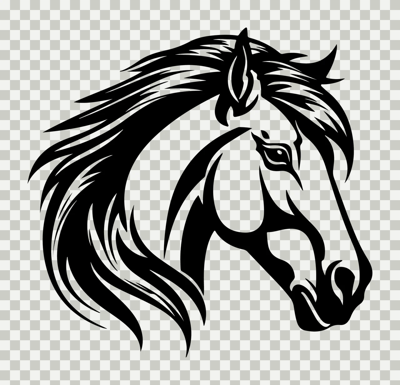 Horse Head Black And White Profile mane eye ear muzzle stencil transparency and detail preview thumbnail