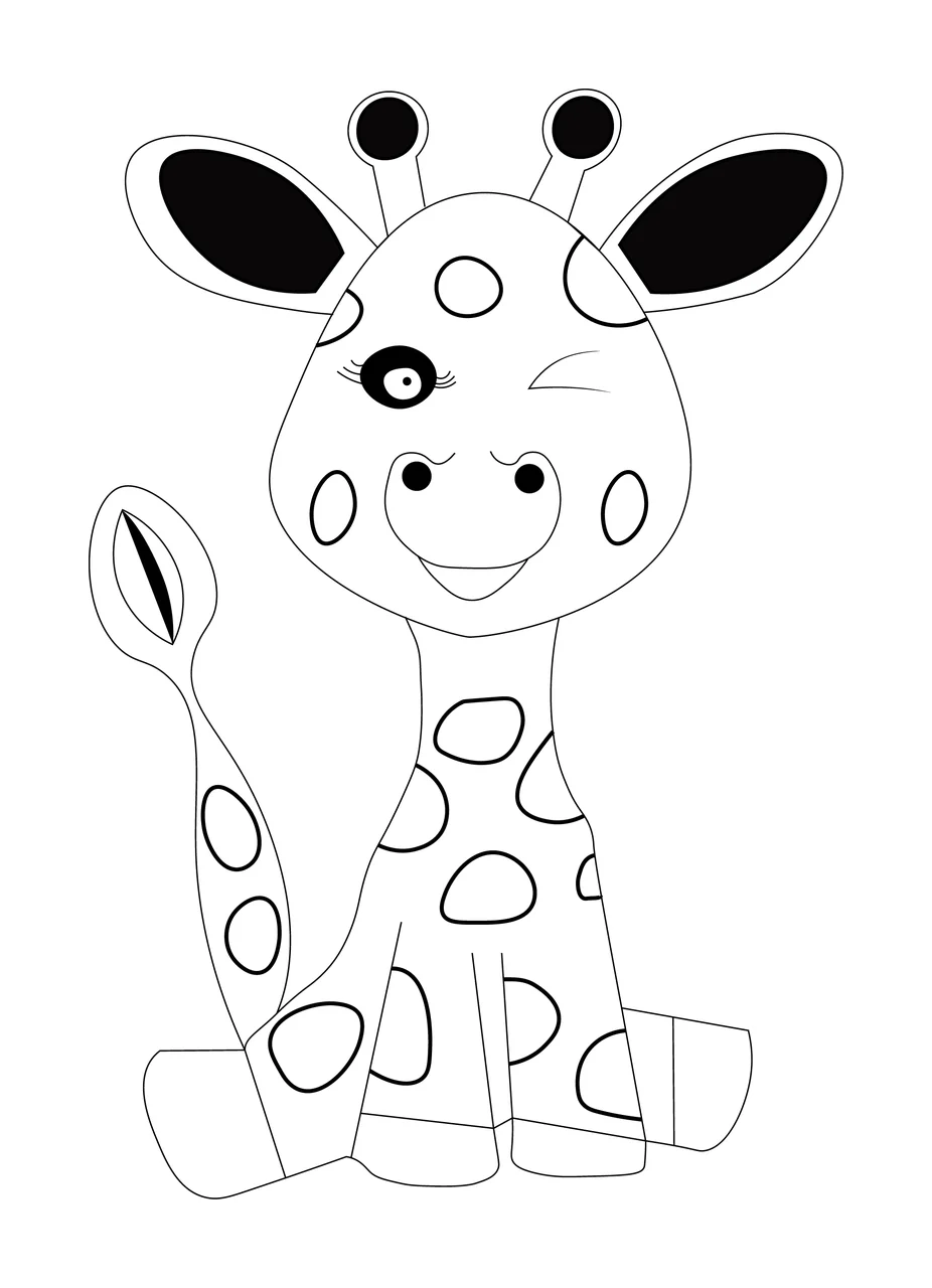 Animal Cute Winking Giraffe Line Drawing Sit Spots art Black