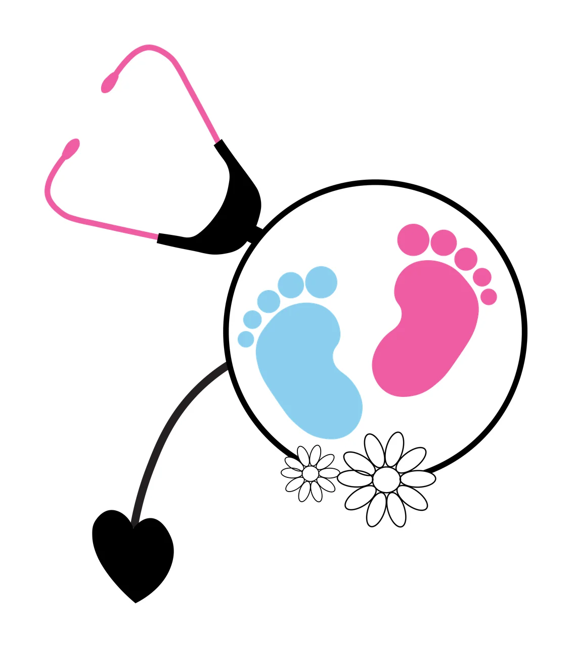 Stethoscope design with baby footprints with pink stethoscope, blue baby footprint, black heart and two white daisies
