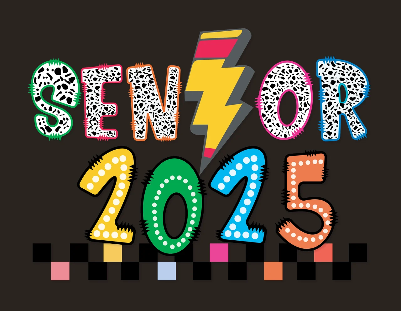 Senior 2025 Text With Lightning typography bolt checkered pattern contrast preview thumbnail