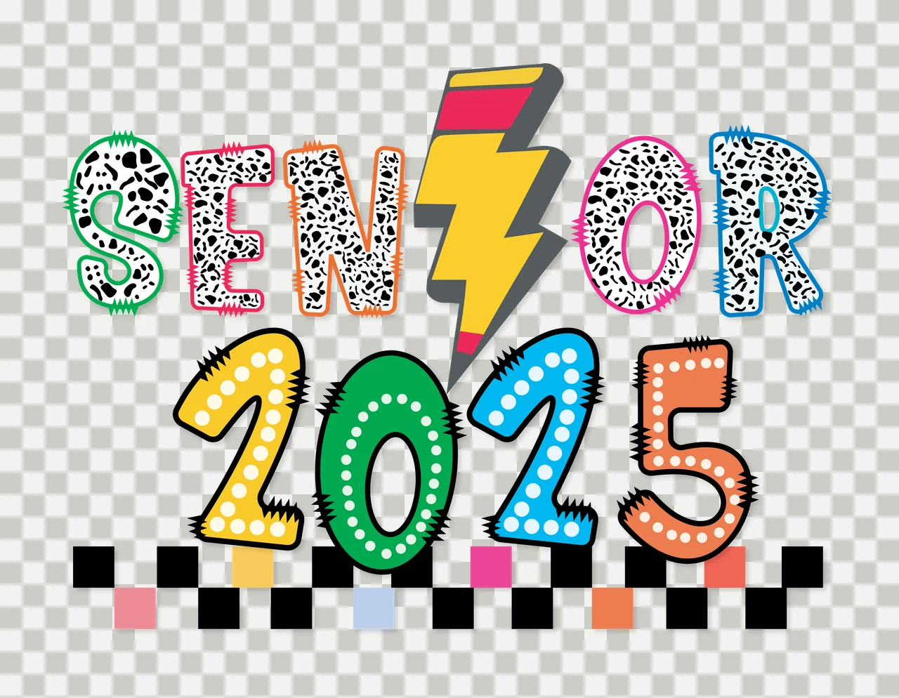 Senior 2025 Text With Lightning typography bolt checkered pattern transparency and detail preview thumbnail