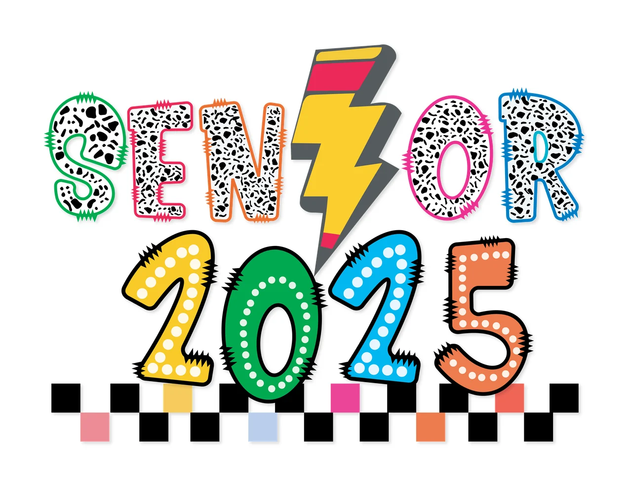 Senior 2025 Text With Lightning typography bolt checkered pattern