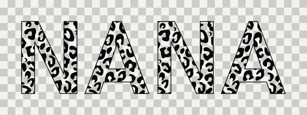 NANA Typography Design with leopard print pattern, black outline letters and NANA text in white transparency and detail preview thumbnail