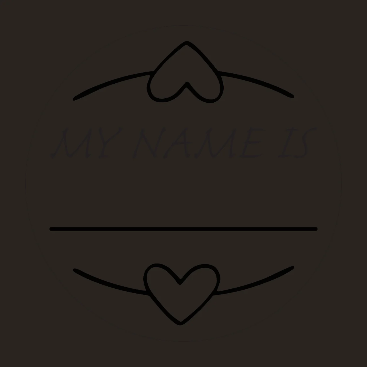 MY NAME IS Circular name tag sticker Design with circular border, two heart shapes, curved lines above and below hearts and text 'MY NAME IS' in black and white contrast preview thumbnail