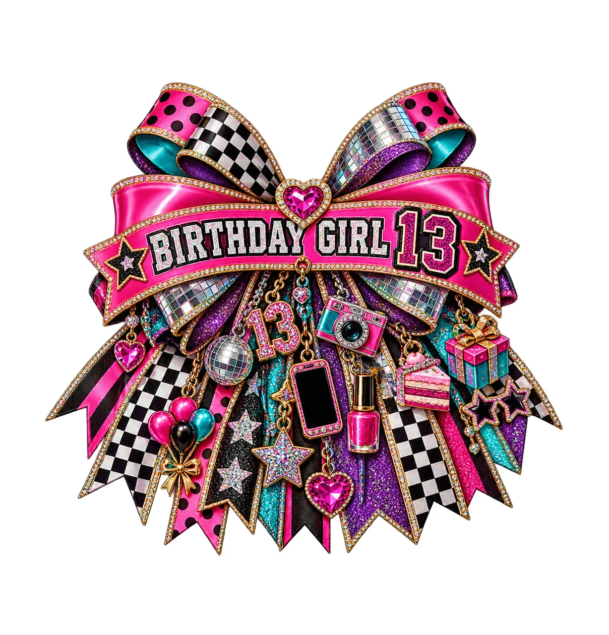 Birthday Girl 13 Bow Charm PNG, Patterned Coquette Bow Clipart, Transparent Sublimation Digital Download