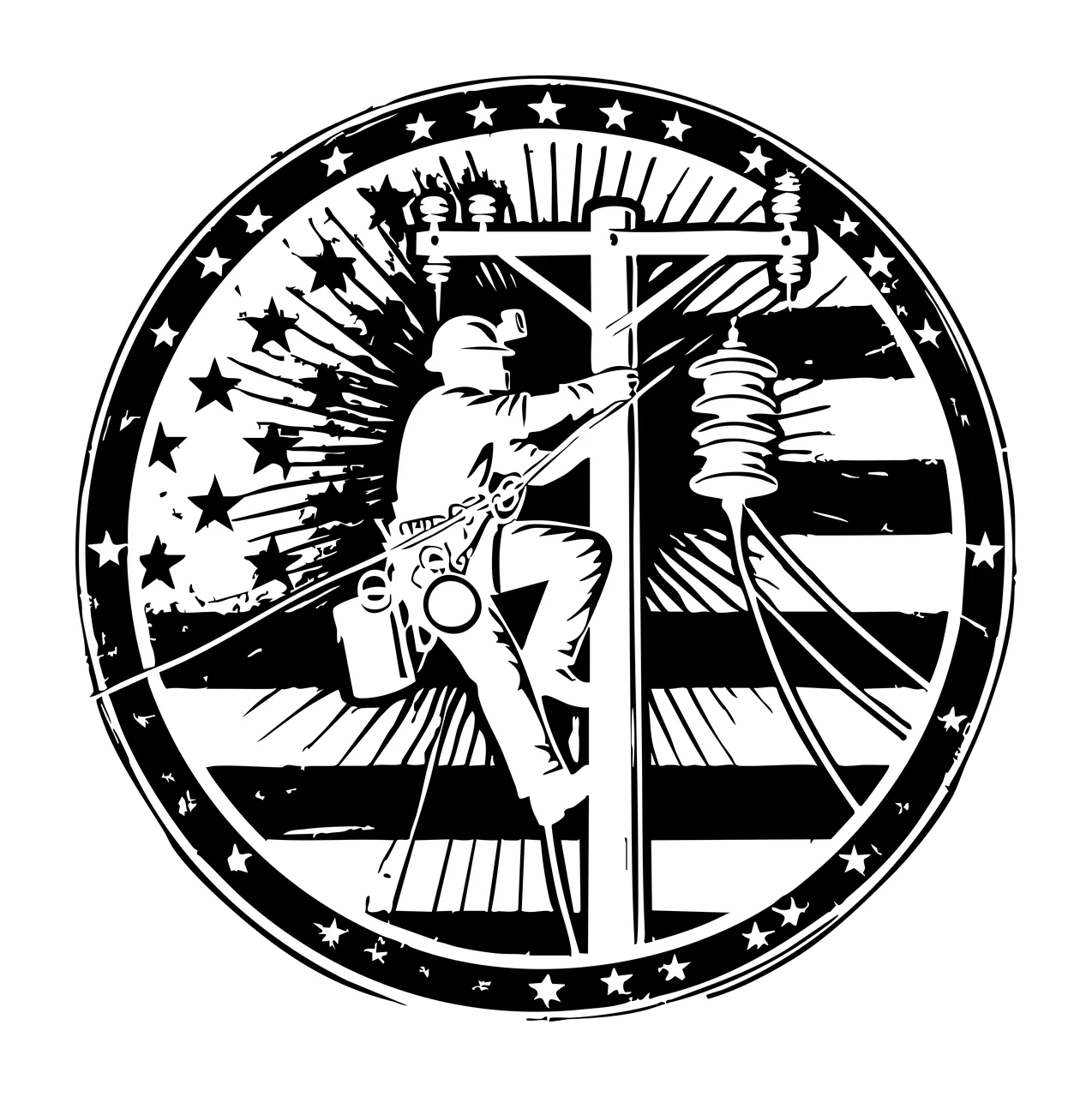 Linework Utility Worker Climbing Pole flag stars stripes black