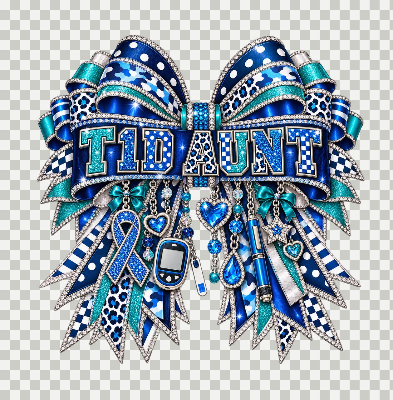 T1D Aunt Bow Charm PNG, Patterned Varsity Aunt Ribbon Clipart, Transparent Sublimation Digital Download transparency and detail preview thumbnail