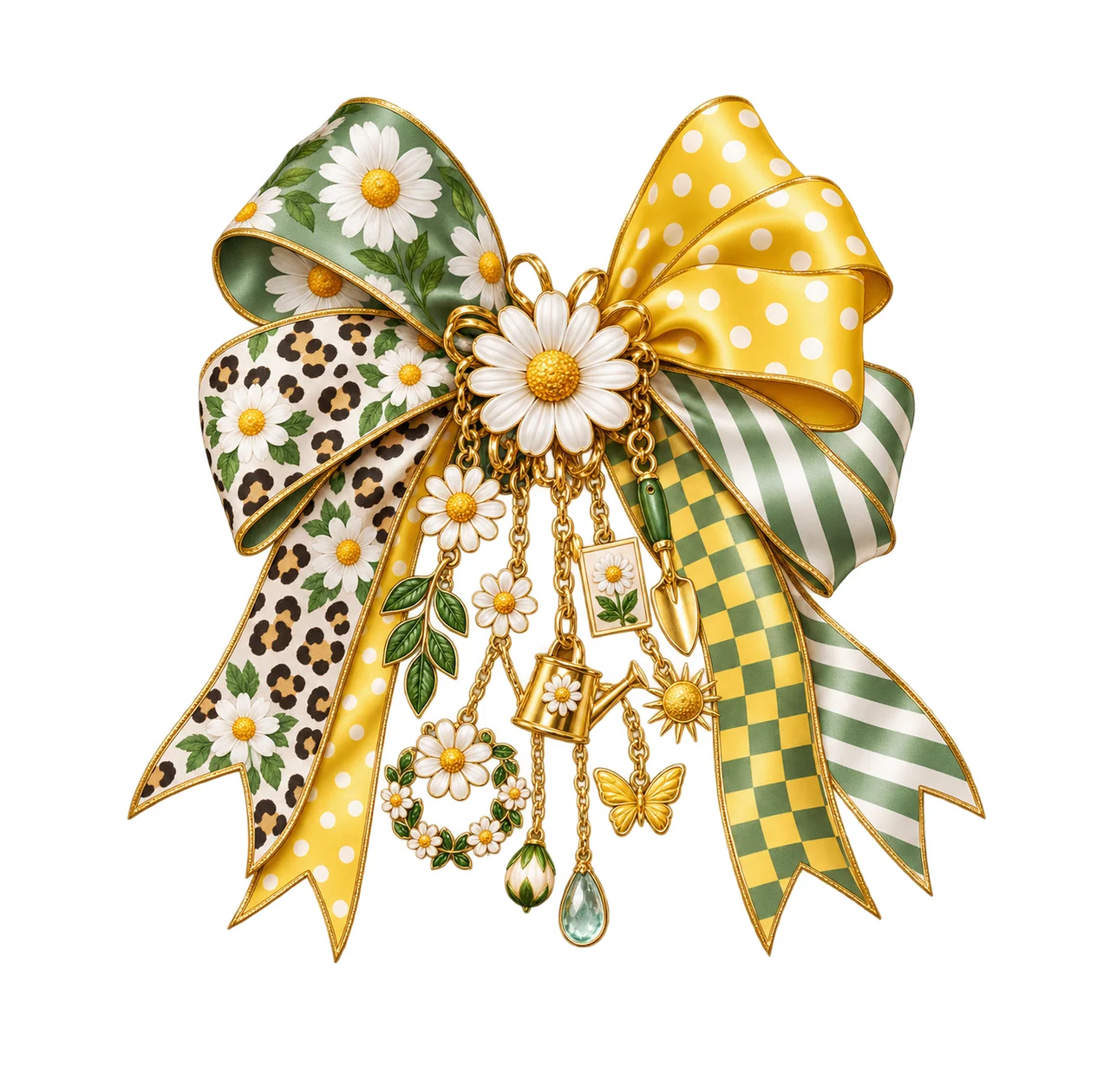 Daisy Flower Bow Charm PNG, Patterned Boutique Ribbon Clipart, Transparent Sublimation Digital Download