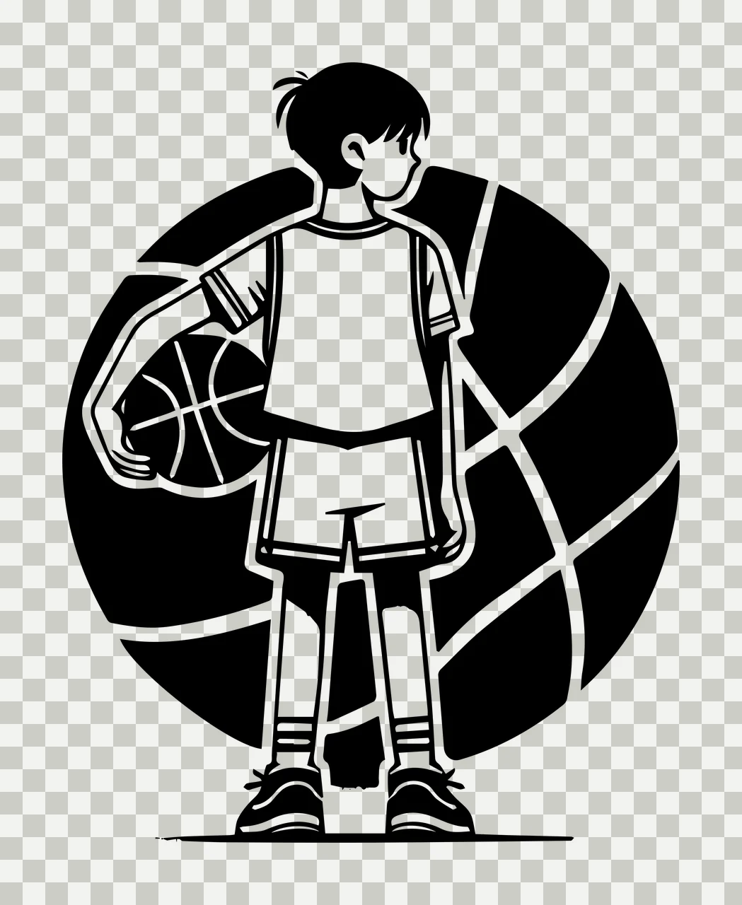 Youth Standing With Basketball stencil illustration black white transparency and detail preview thumbnail