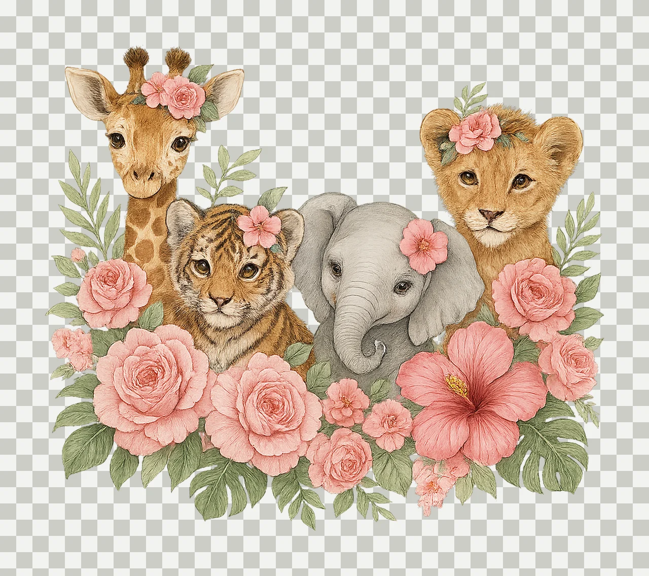 Girls Pink Safari Animals Watercolor Baby Animals Shirt transparency and detail preview thumbnail