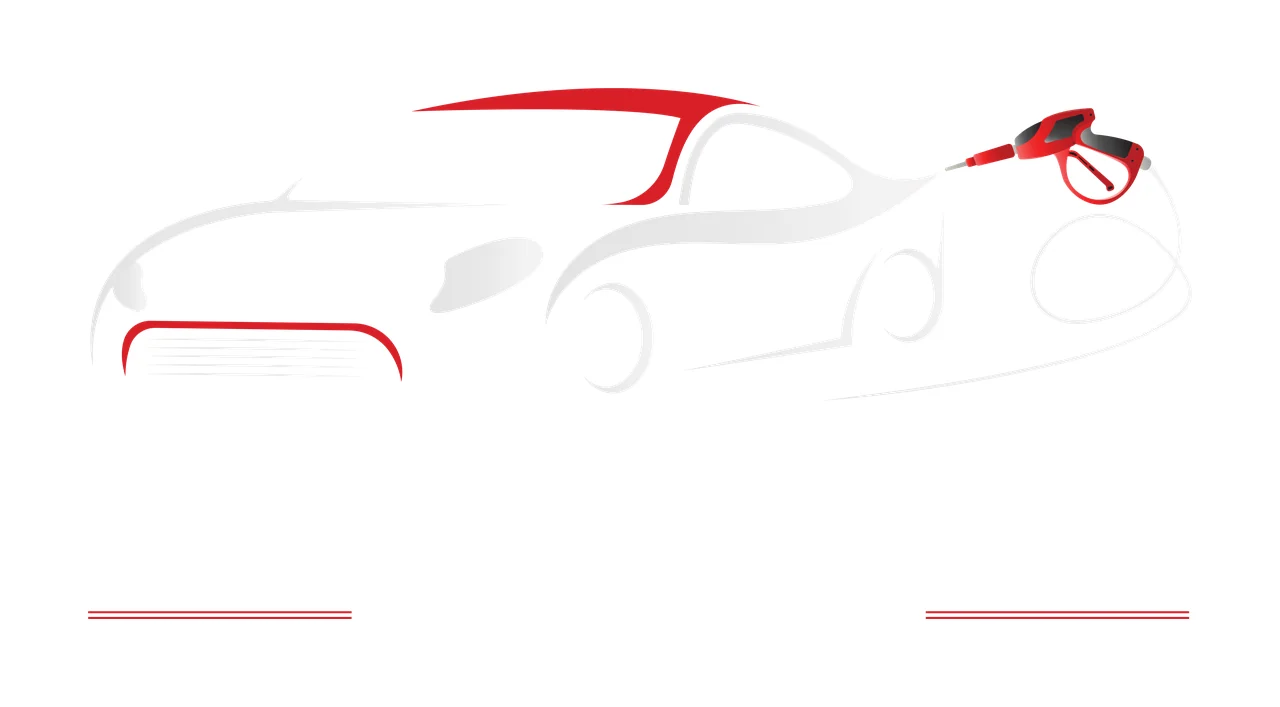 Line Art Illustration of Car wash logo design with gray car silhouette, red roof section, red front grille section and red pressure washer with black nozzle
