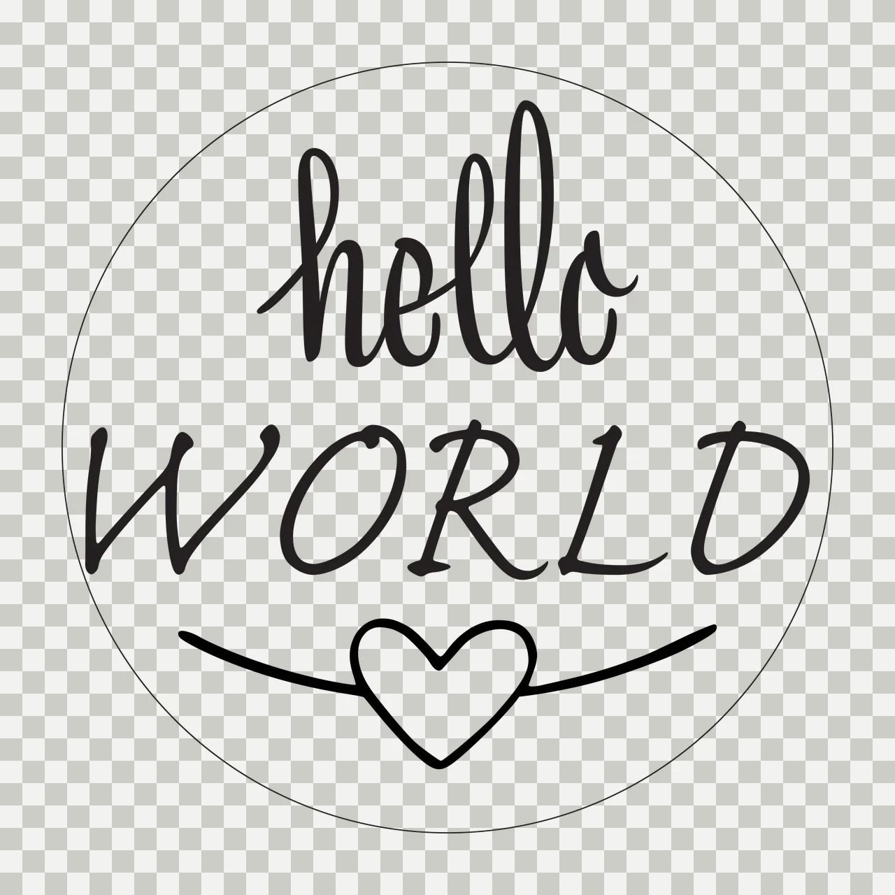 Hello WORLD Typography Design with circular border, black cursive 'hello', black uppercase 'WORLD' and black outline heart in white transparency and detail preview thumbnail