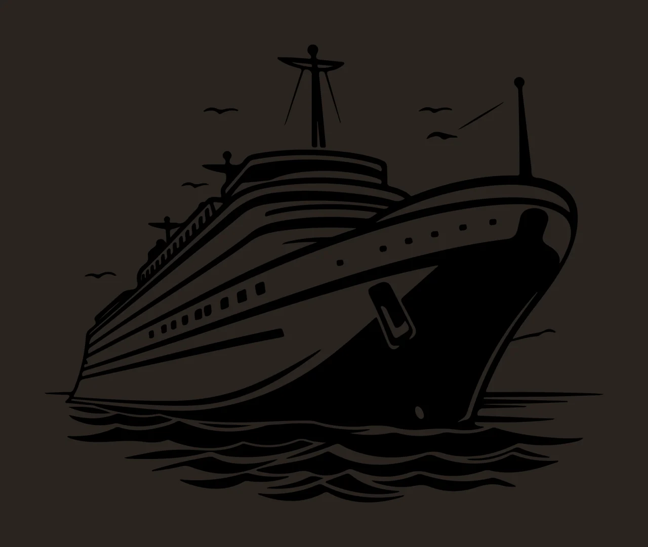 Cruise Ship Sailing Over Water birds black white boat waves contrast preview thumbnail