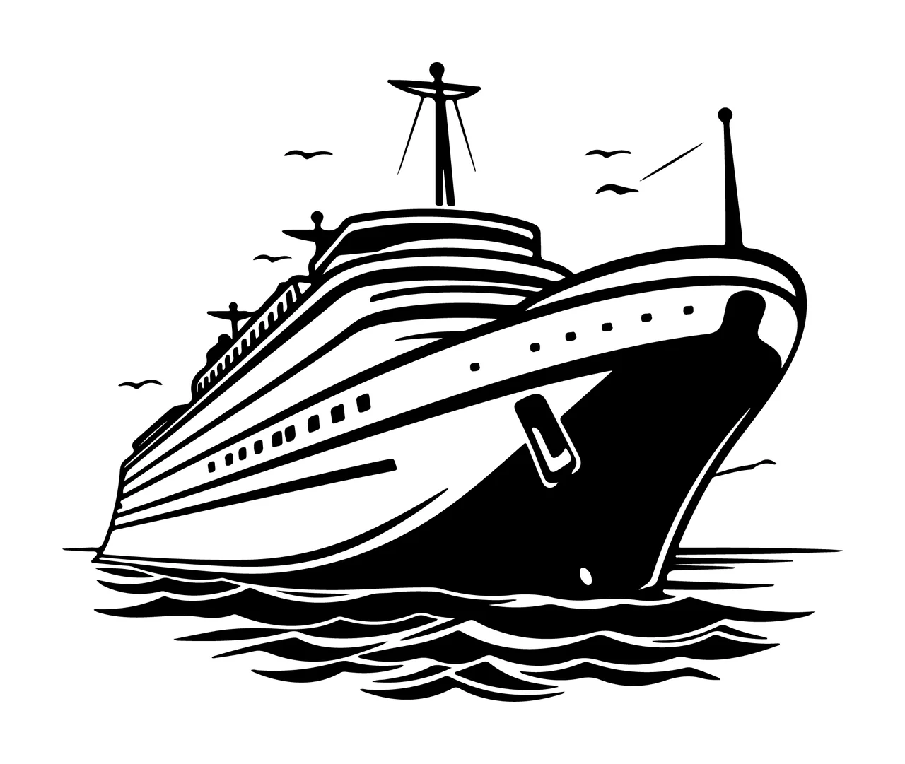 Cruise Ship Sailing Over Water birds black white boat waves