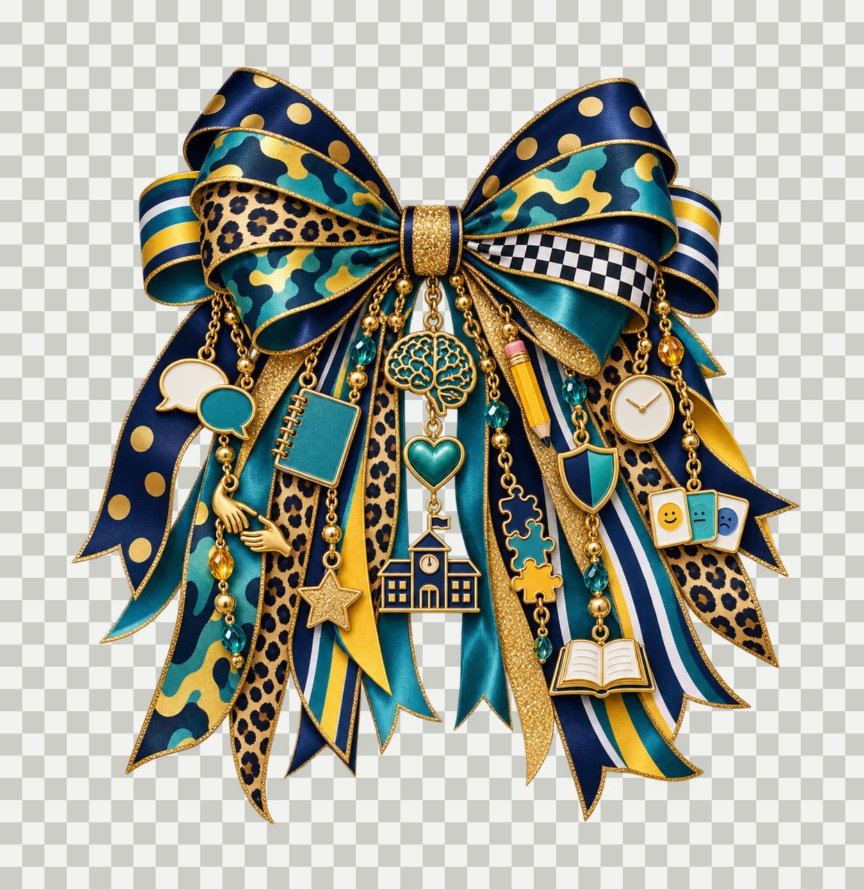 School Psychologist Bow Charm PNG, Themed Gold Chain Charms, Coquette Ribbon Sublimation Design, Transparent Digital Download transparency and detail preview thumbnail