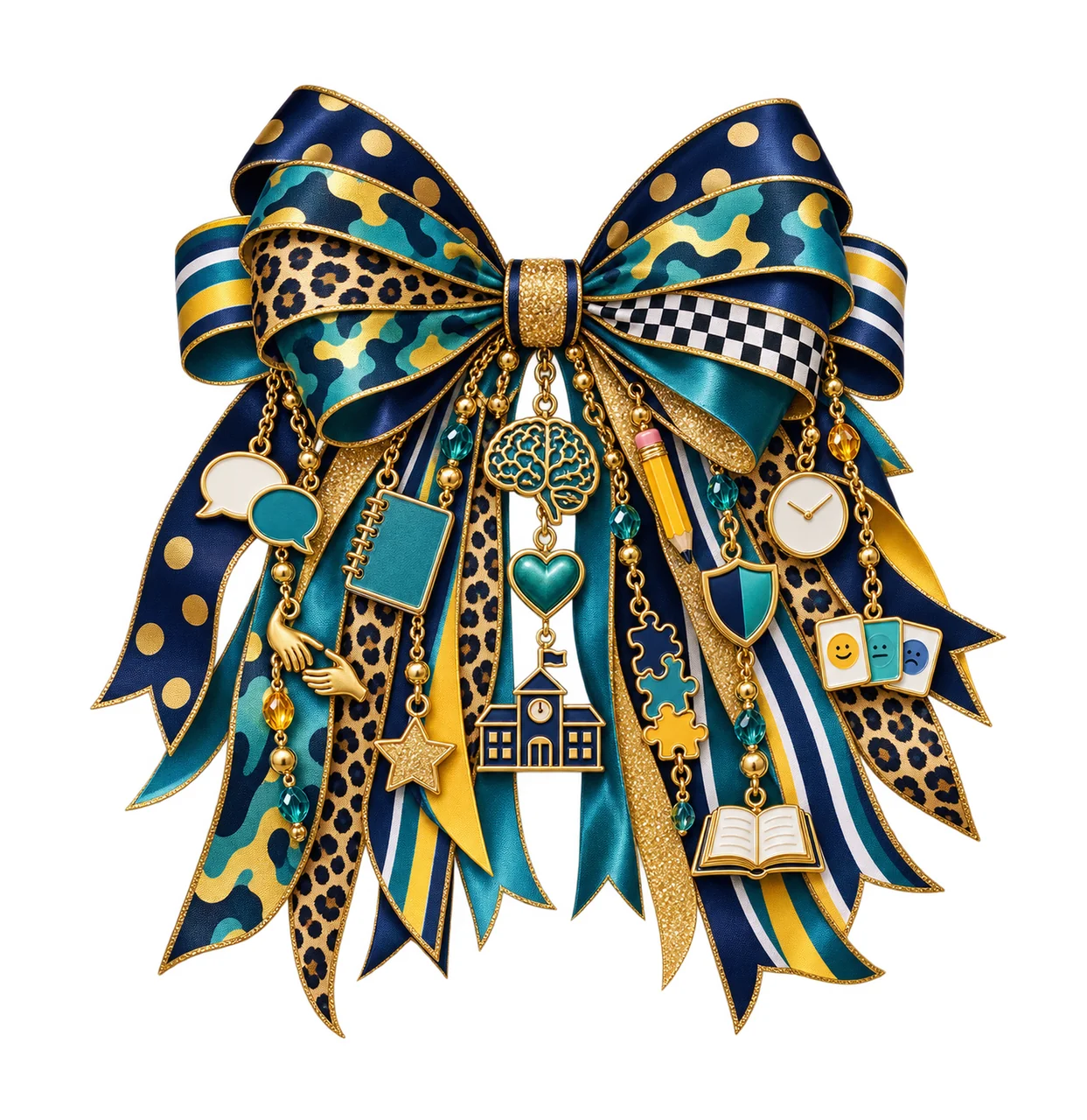 School Psychologist Bow Charm PNG, Themed Gold Chain Charms, Coquette Ribbon Sublimation Design, Transparent Digital Download