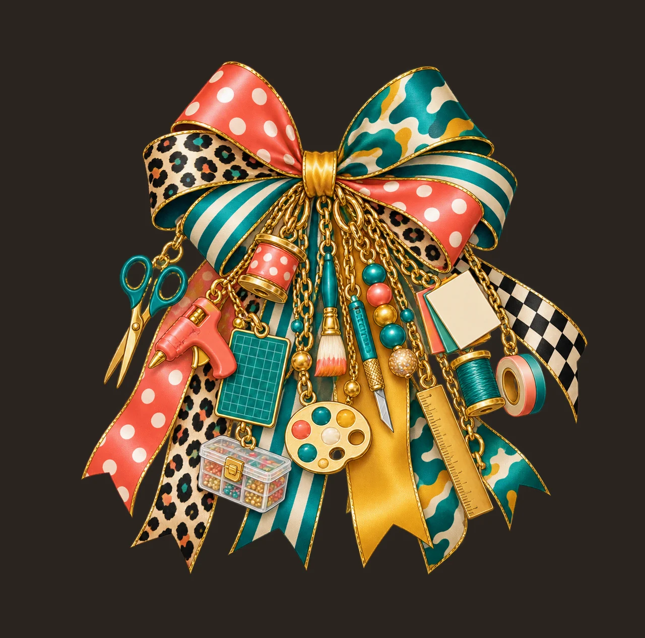 Crafter Handmade Maker Bow Charm PNG, Themed Gold Chain Charms, Coquette Ribbon Sublimation Design, Transparent Digital Download contrast preview thumbnail