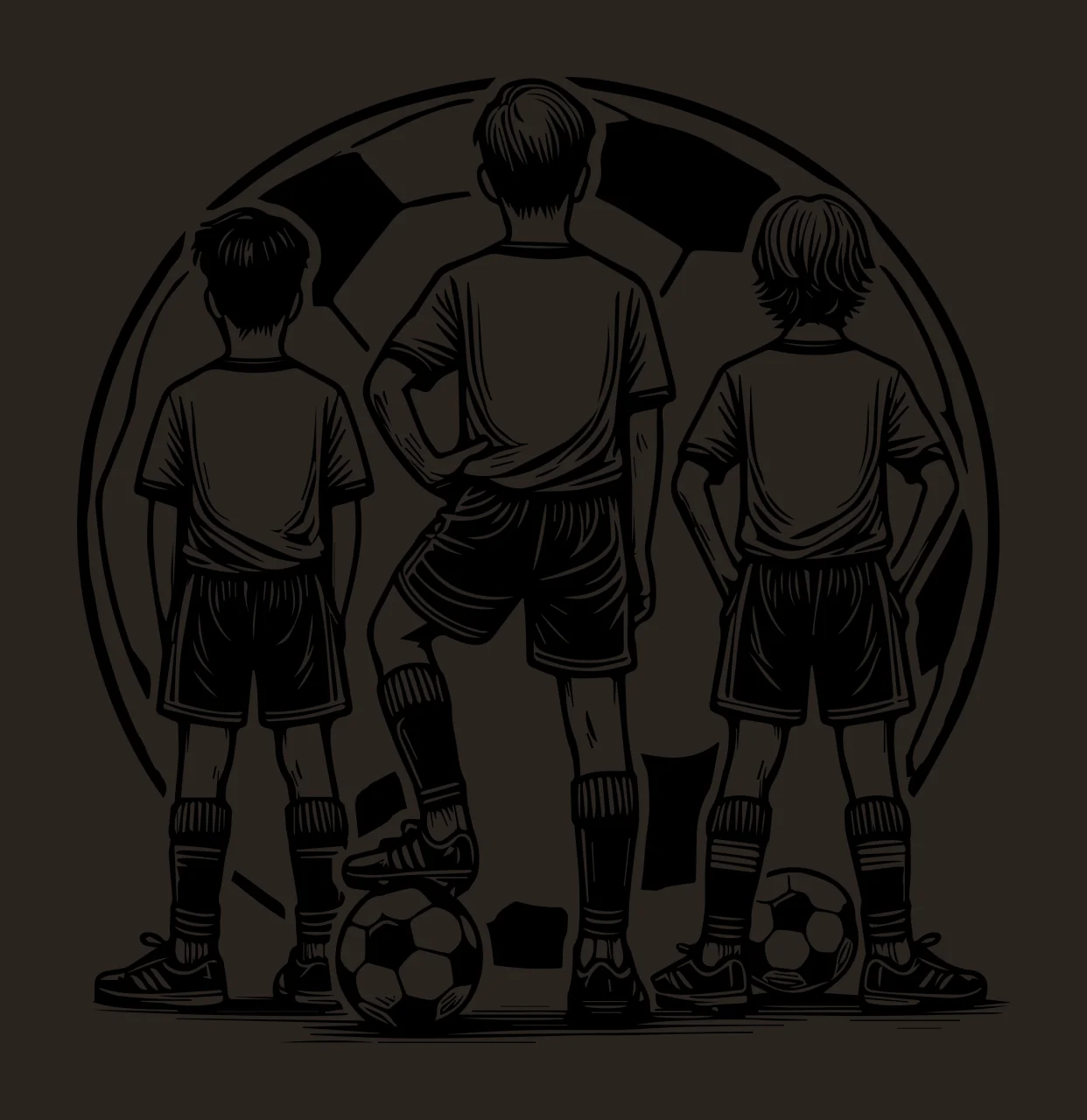 Soccer Ball Three Players Standing Before ink illustration contrast preview thumbnail