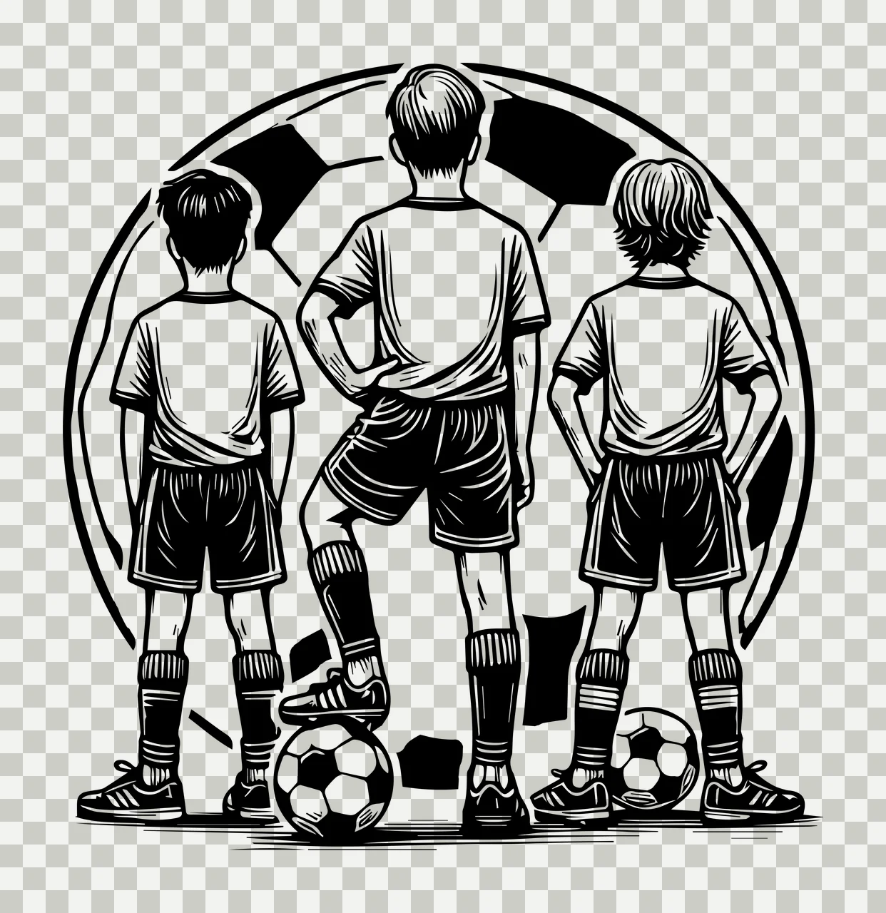 Soccer Ball Three Players Standing Before ink illustration transparency and detail preview thumbnail