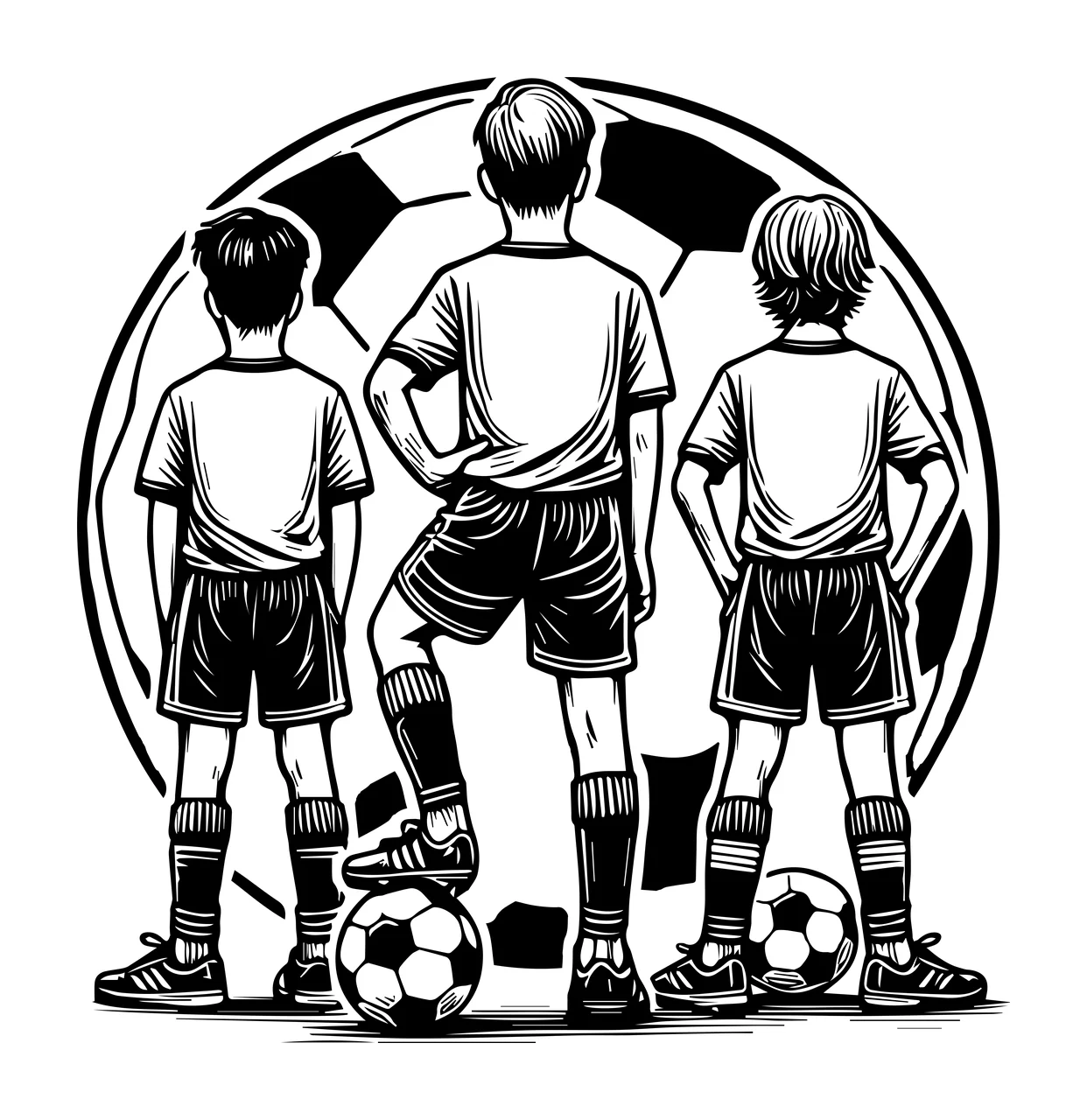 Soccer Ball Three Players Standing Before ink illustration
