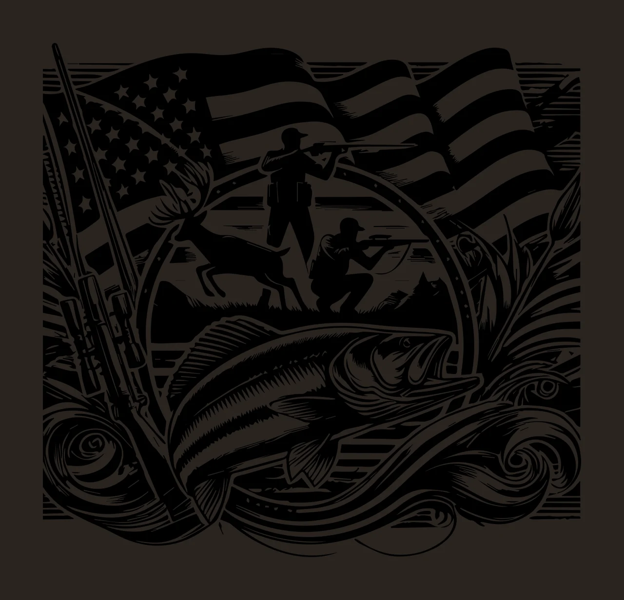 Hunting Flag Hunter Fish Illustration scene deer rifle reeds contrast preview thumbnail